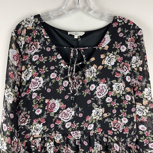 Entro black pink floral chiffon ruffle boho cottagecore midi dress large - Picture 2 of 9